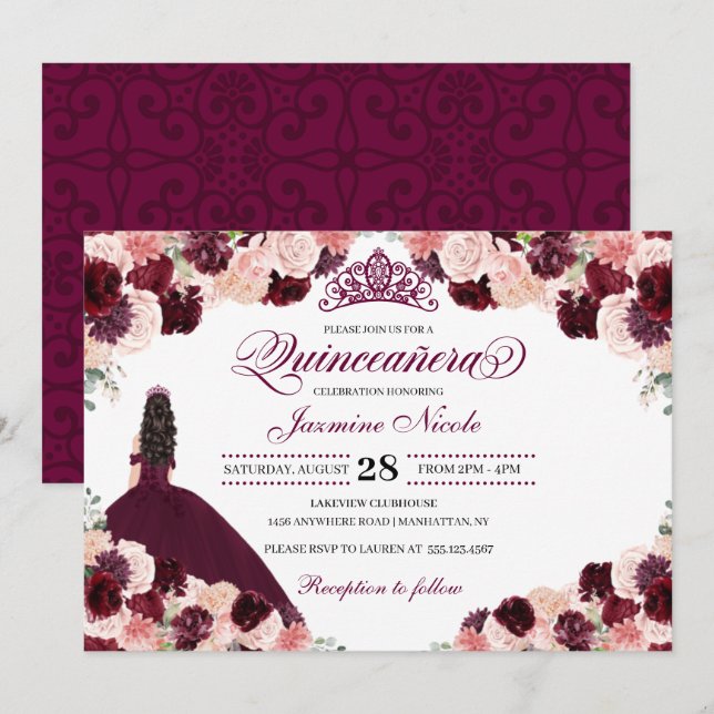 Convites Quinceanera Floral Cor-de-Rosa Burgundy (Frente/Verso)
