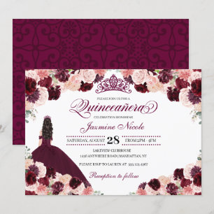 Convites Quinceanera Floral Cor-de-Rosa Burgundy