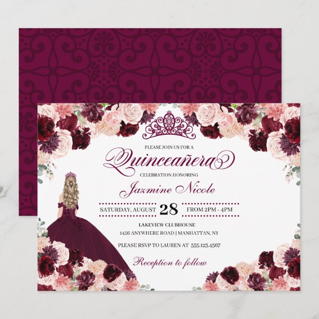 Convites Quinceanera Floral Cor-de-Rosa Burgundy (Frente/Verso)
