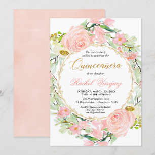 Convites Quinceanera, floral cor-de-rosa e dourado