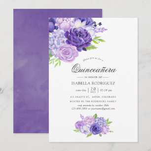 Convites Quinceañera Floral de Aguarela Violeta Ultra