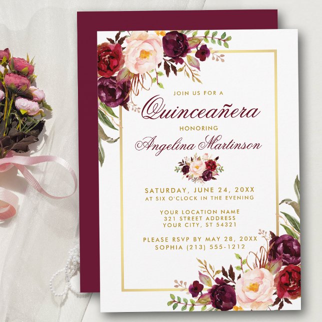 Convites Quinceanera Floral de Aquarela Dourada (Customize to change text color, style, add text & photos to back or change color of back of card.)