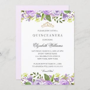 Convites Quinceanera Floral de Aquarela Púrpura