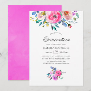 Convites Quinceañera Floral de Aquarela Rosa-Intenso