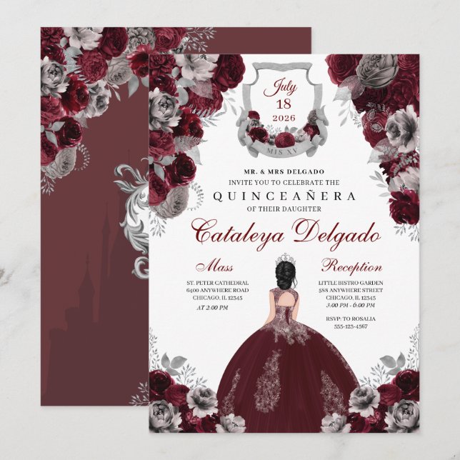 Convites Quinceañera Floral de Borgonha e Prata (Frente/Verso)