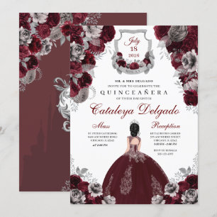 Convites Quinceañera Floral de Borgonha e Prata