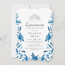 Convites Quinceanera floral de cor branca e azul