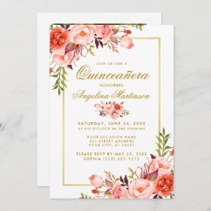 Convites Quinceanera Floral de Coral de Watercolor Foto Dou