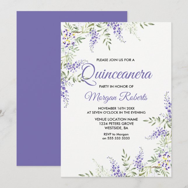 Convites Quinceanera Floral de Lavanda Roxo Elegante (Frente/Verso)
