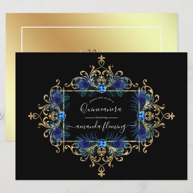 Convites Quinceañera Floral de Peacock Azul e Dourada (Frente/Verso)