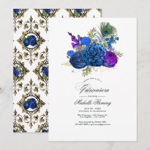 Convites Quinceañera Floral de Peacock Azul e Dourada