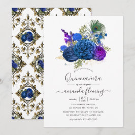 Convites Quinceañera Floral de Peacock Azul e Dourada