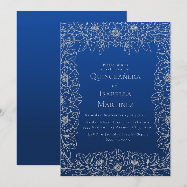 Convites Quinceañera Floral de Prata Azul Real 15 (Frente/Verso)