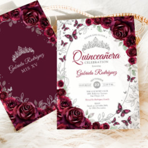 Convites Quinceanera Floral de Prata Borgonha