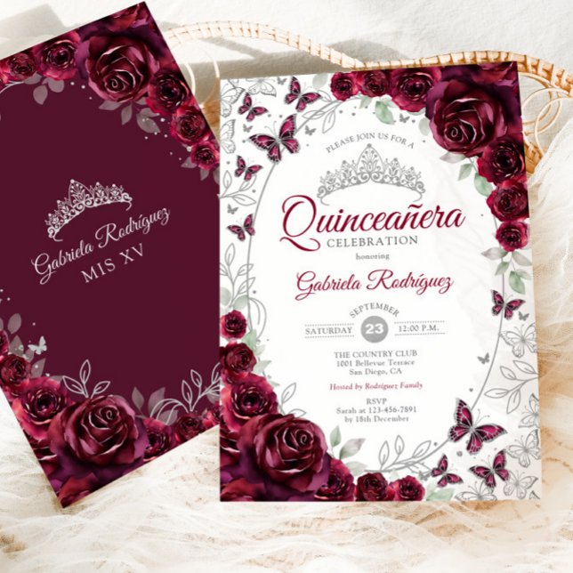 Convites Quinceanera Floral de Prata Borgonha (Criador carregado)