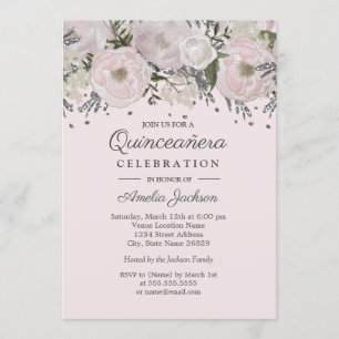 Convites Quinceanera Floral de Prata Rosa bonito
