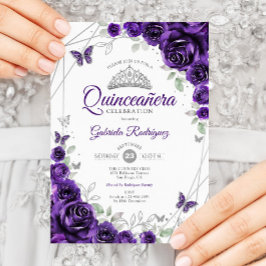Convites Quinceanera Floral de Prata Roxa