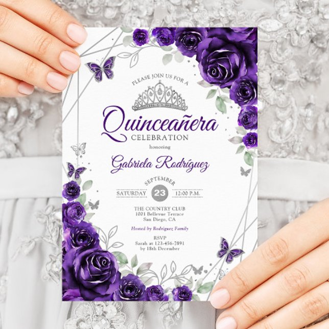 Convites Quinceanera Floral de Prata Roxa (Criador carregado)