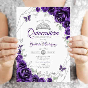 Convites Quinceanera Floral de Prata Roxa