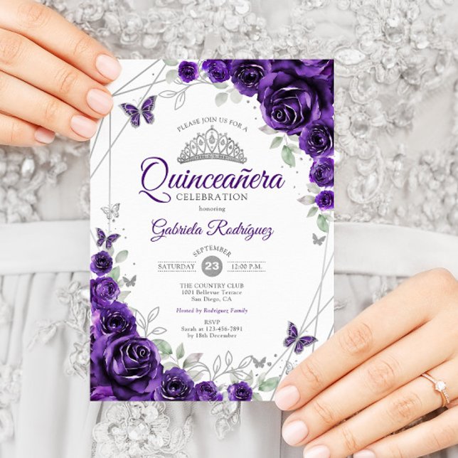 Convites Quinceanera Floral de Prata Roxa (Criador carregado)