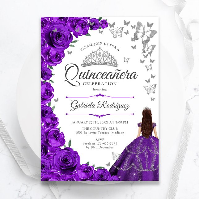 Convites Quinceanera Floral de Prata Roxa (Criador carregado)