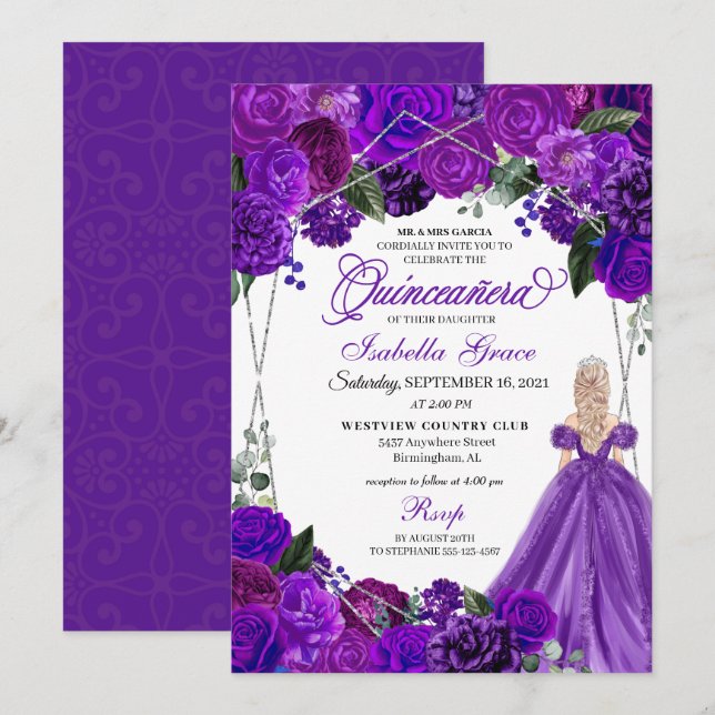 Convites Quinceanera Floral de Prata Roxa Elegante Aniversá (Frente/Verso)