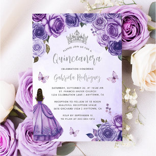 Convites Quinceañera Floral de Prata Roxa em Aquarela