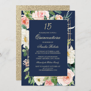 Convites Quinceanera Floral do Marinho de Blush Dourado