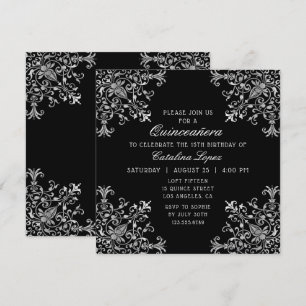 Convites Quinceañera Floral do Ornamentado de Prata Preto