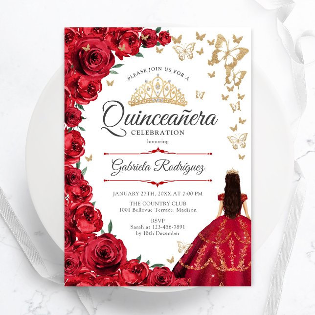 Convites Quinceanera Floral do Rosa vermelha Dourado (Criador carregado)