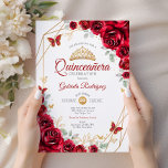 Convites Quinceanera Floral Dourada<br><div class="desc">Convite para celebração de Quinceanera vermelha,  dourada e branca. Recursos,  fontes de script,  borboletas douradas,  rosas de aquarela e tiara. Perfeito para uma elegante celebração de glam estilo princesa. Personalize com seus próprios detalhes. Impressos convites Zazzle ou modelo de impressão digital instantânea para download.</div>