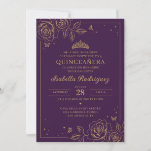 Convites Quinceañera Floral Dourada Ameixa