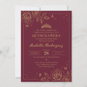 Convites Quinceañera Floral Dourada Borgonha