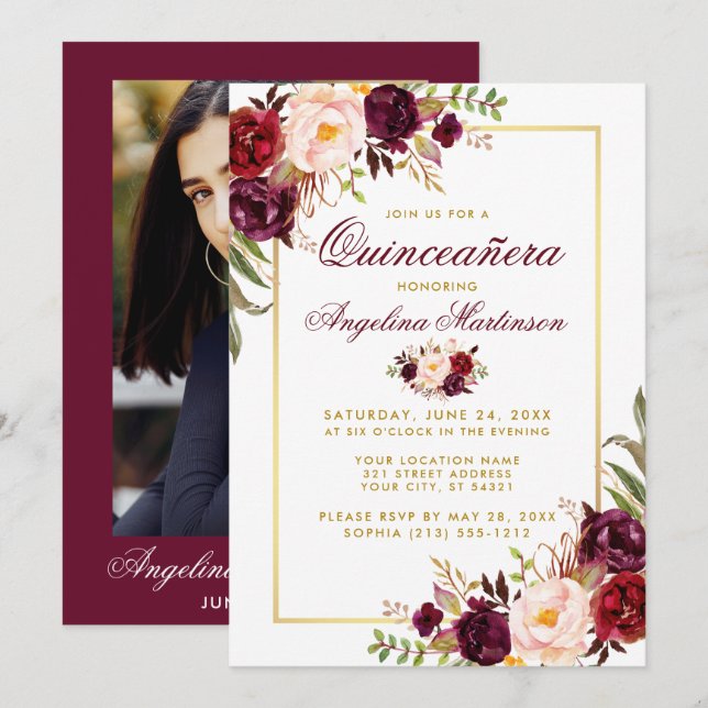 Convites Quinceanera Floral Dourada Burgundy (Frente/Verso)