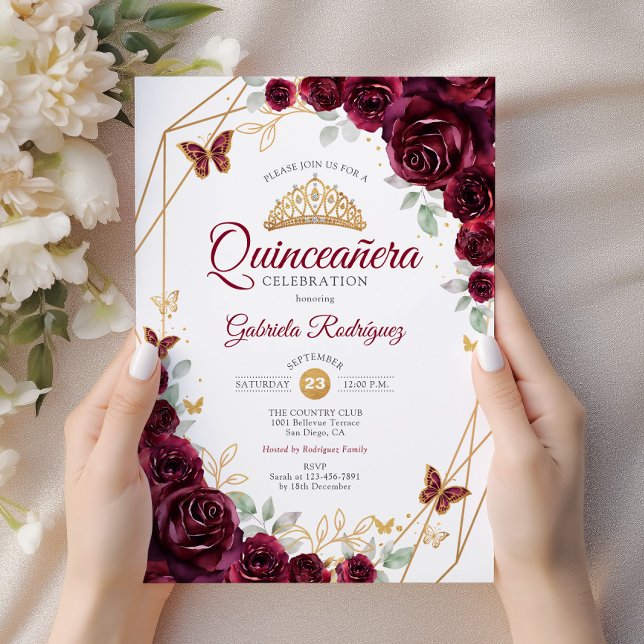 Convites Quinceanera Floral Dourada Burgundy (Criador carregado)