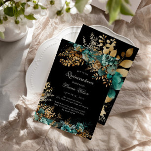 Convites Quinceanera Floral Dourada com Aquarela