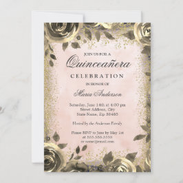 Convites Quinceanera Floral Dourada com Aquarela Rosa