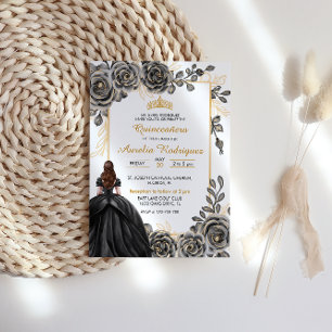 Convites Quinceanera Floral Dourada e Negra Elegante