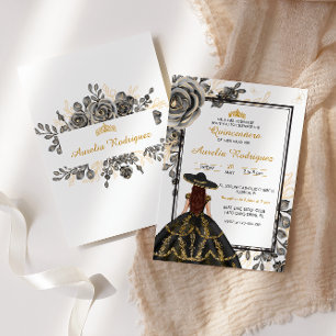 Convites Quinceanera Floral Dourada e Negra Elegante