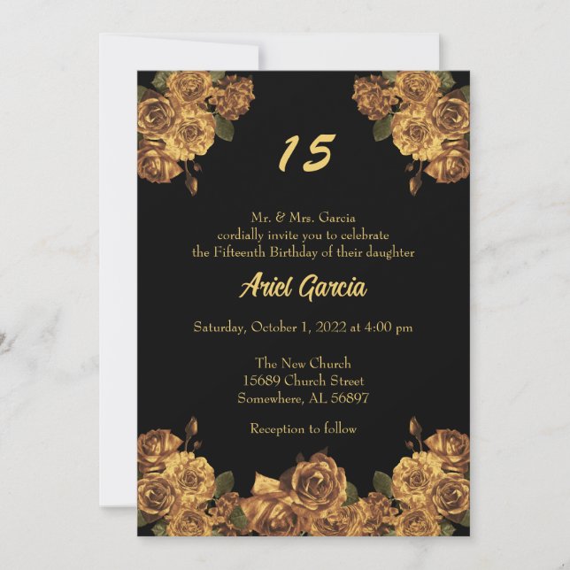 Convites Quinceanera Floral Dourada e preta (Frente)