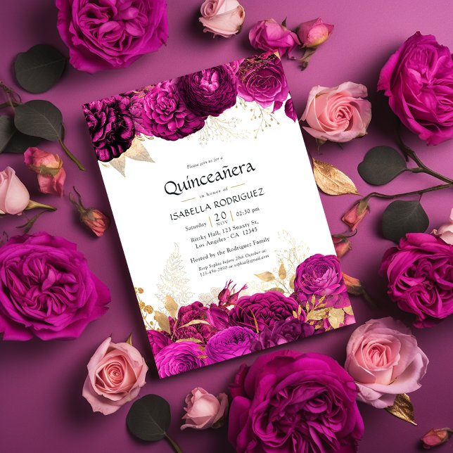 Convites Quinceañera Floral Dourada e Rosa Quente (Criador carregado)