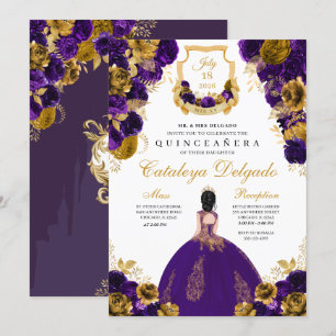 Convites Quinceañera Floral Dourada e Roxa