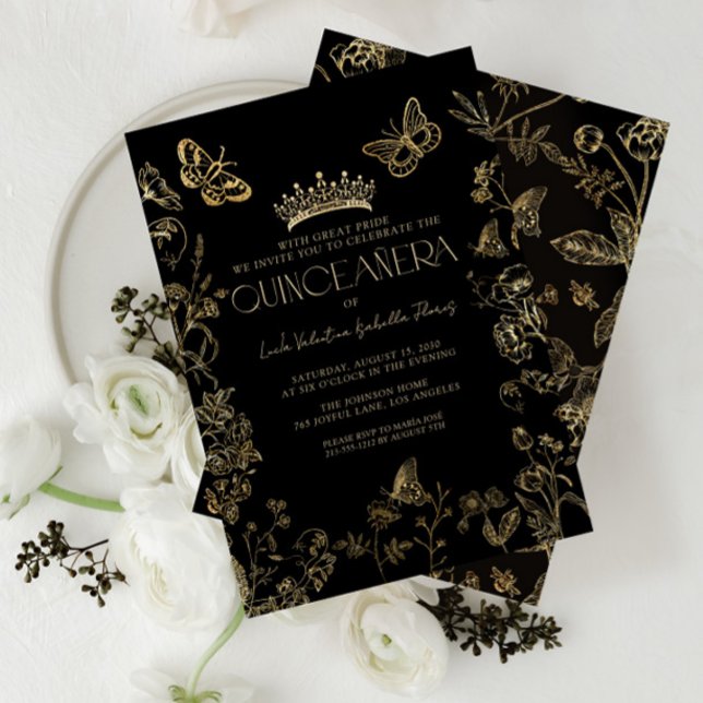 Convites Quinceañera Floral Dourada Elegante (Criador carregado)