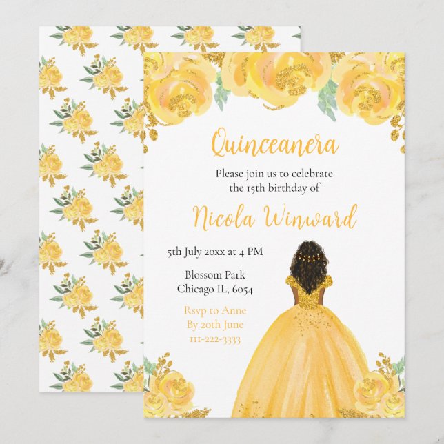 Convites Quinceanera Floral Dourada Princesa da Pele Escura (Frente/Verso)