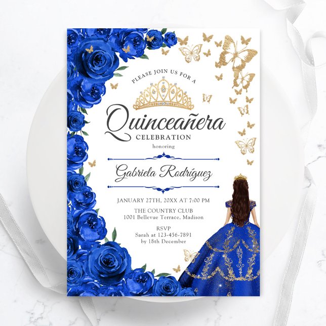 Convites Quinceanera Floral Dourada Real Azul (Criador carregado)