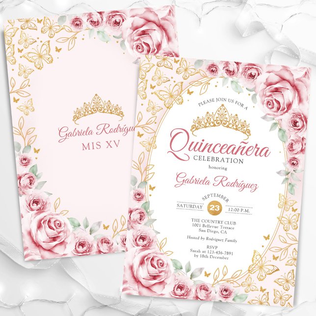 Convites Quinceanera Floral Dourada rosa (Criador carregado)