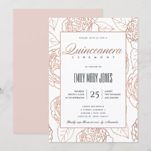 CONVITES QUINCEANERA FLORAL DOURADA ROSE DE PINCO AZUL