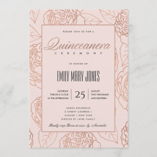 CONVITES QUINCEANERA FLORAL DOURADA ROSE DE PINCO AZUL