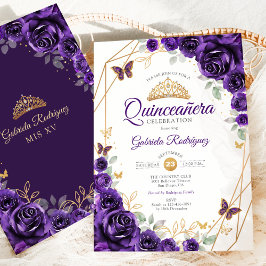 Convites Quinceanera Floral Dourada Roxa