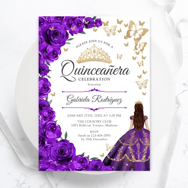 Convites Quinceanera Floral Dourada Roxa (Criador carregado)